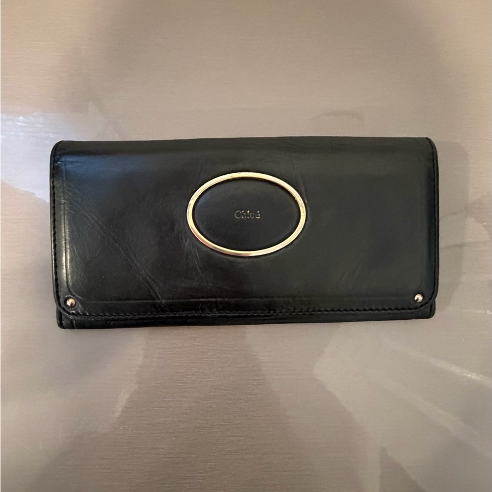 Chloe Black Leather Wallet with gold Accents